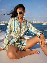 Anewsta Women's Vintage Style Floral Printed Shiny Fabric Shirt And Shorts Set, Perfect For Vacation